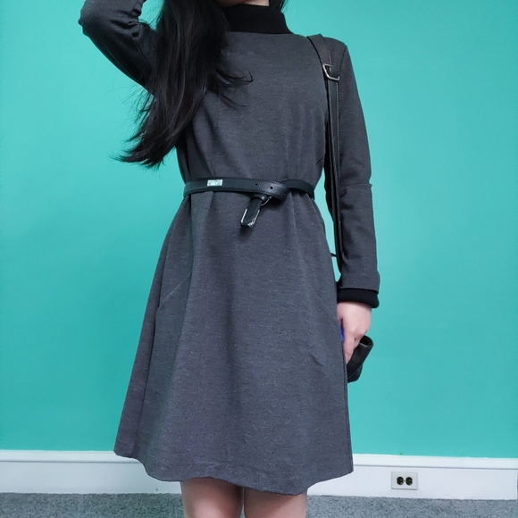 H&M Double Lined Smart Casual Long Sleeve Crewneck Grey Dress - Picture 2 of 6